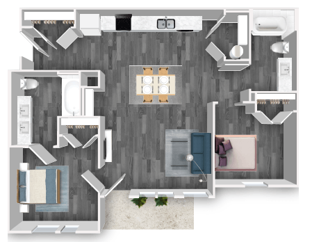 Floor plan for 2 beds, 2 baths, 870 sqft